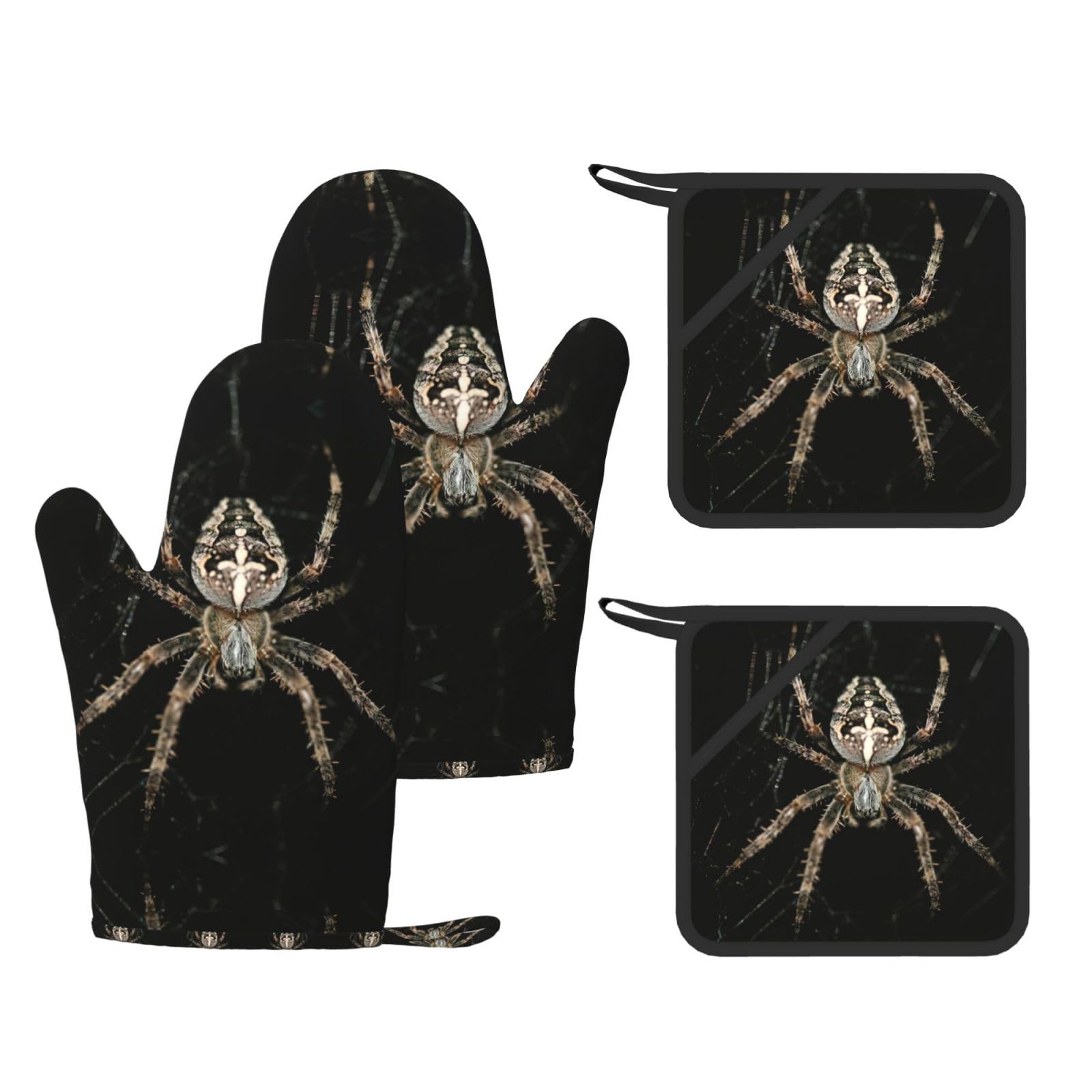 Scary Spider Printed Potholder and Oven Mitt Set of 4, High Heat Resistant Cooking Gloves for BBQ Grilling