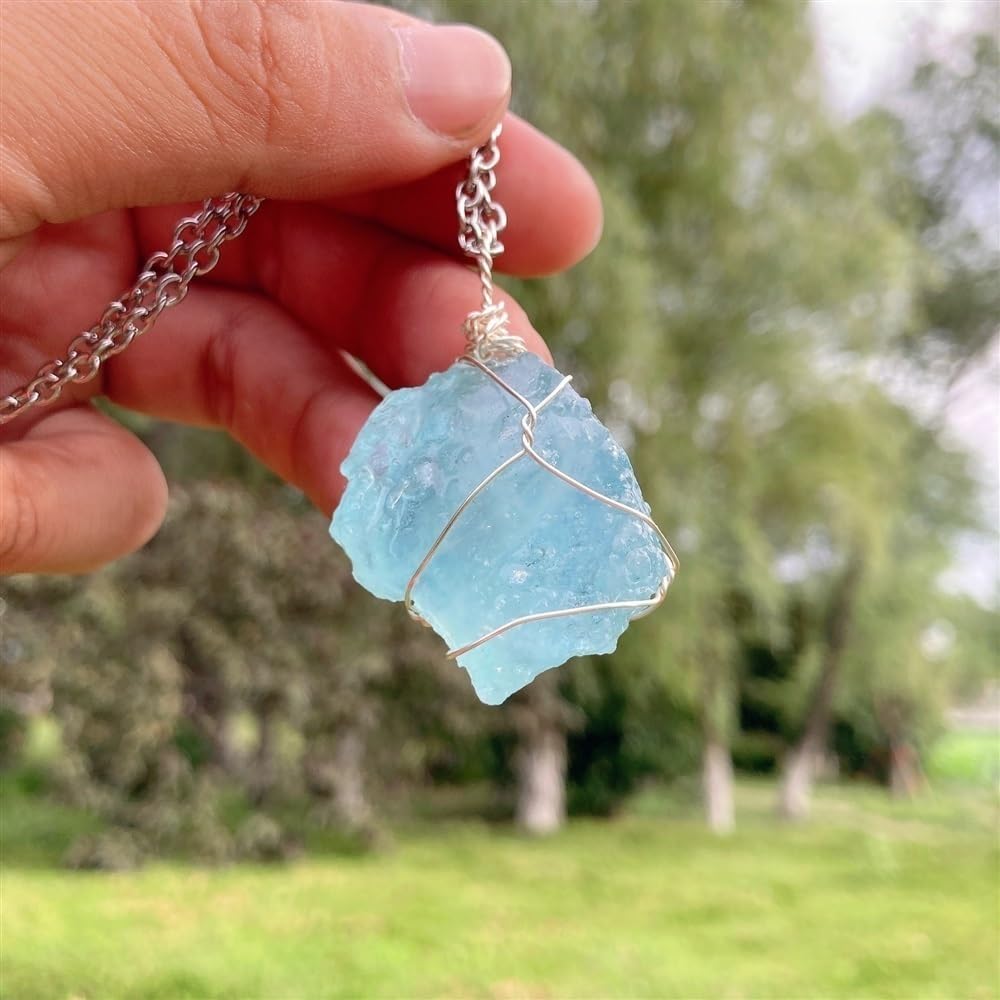 Collana di Acquamarina Grezza, Collana di Pietre Curative di Cristallo di Pietre Preziose, Collana di Pietra Portafortuna, Avvolgimento di Filo