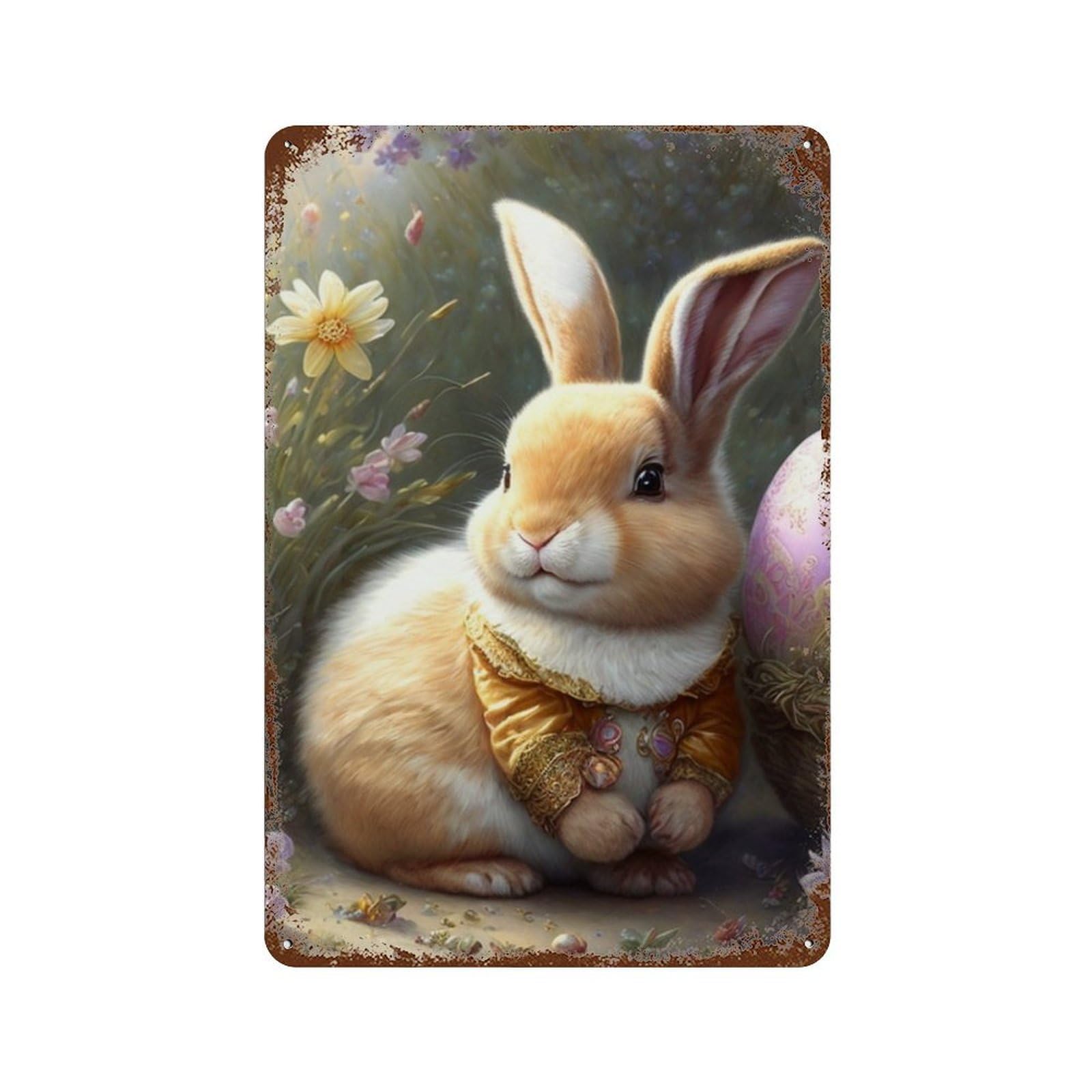 Decorative Tin Sign with Easter Bunny with Egg Basket Design 11.8"x7.9", for Basement, Hobby Room And Garage Decor, Farmhouse Wall Decor