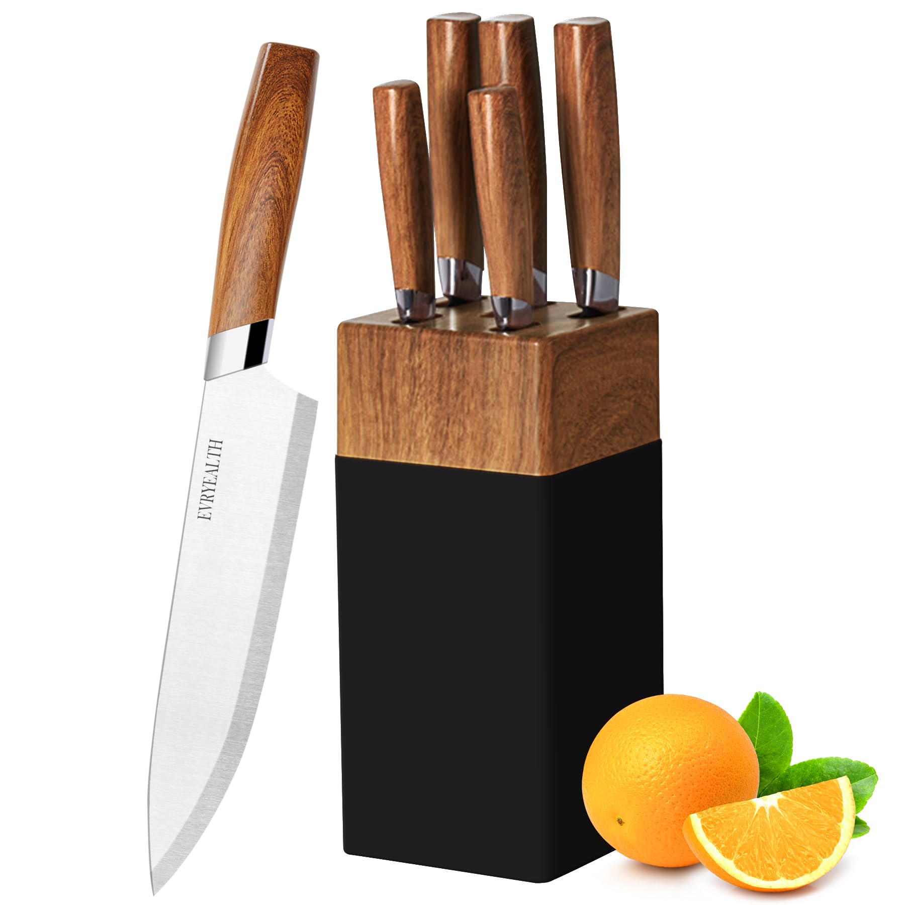 lapelux Knife Set - 5 Piece Kitchen Knife Set with Block, Wood Grain Handle, Stainless Steel Kitchen Knives with Chef, Bread, Slicer, Utility, Paring Knife for Cutting Meat/Vegetables/Fruit.