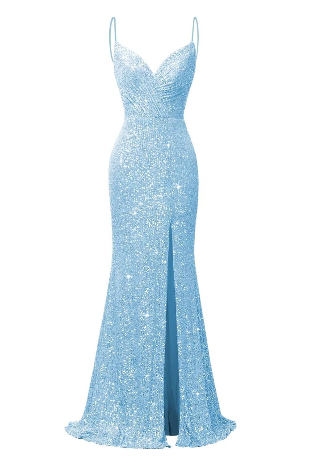 Kurface Women's Light Blue Sparkly Sequin Prom Dresses With Slit For Mermaid Formal Party Gown Cocktail Dress Uk6