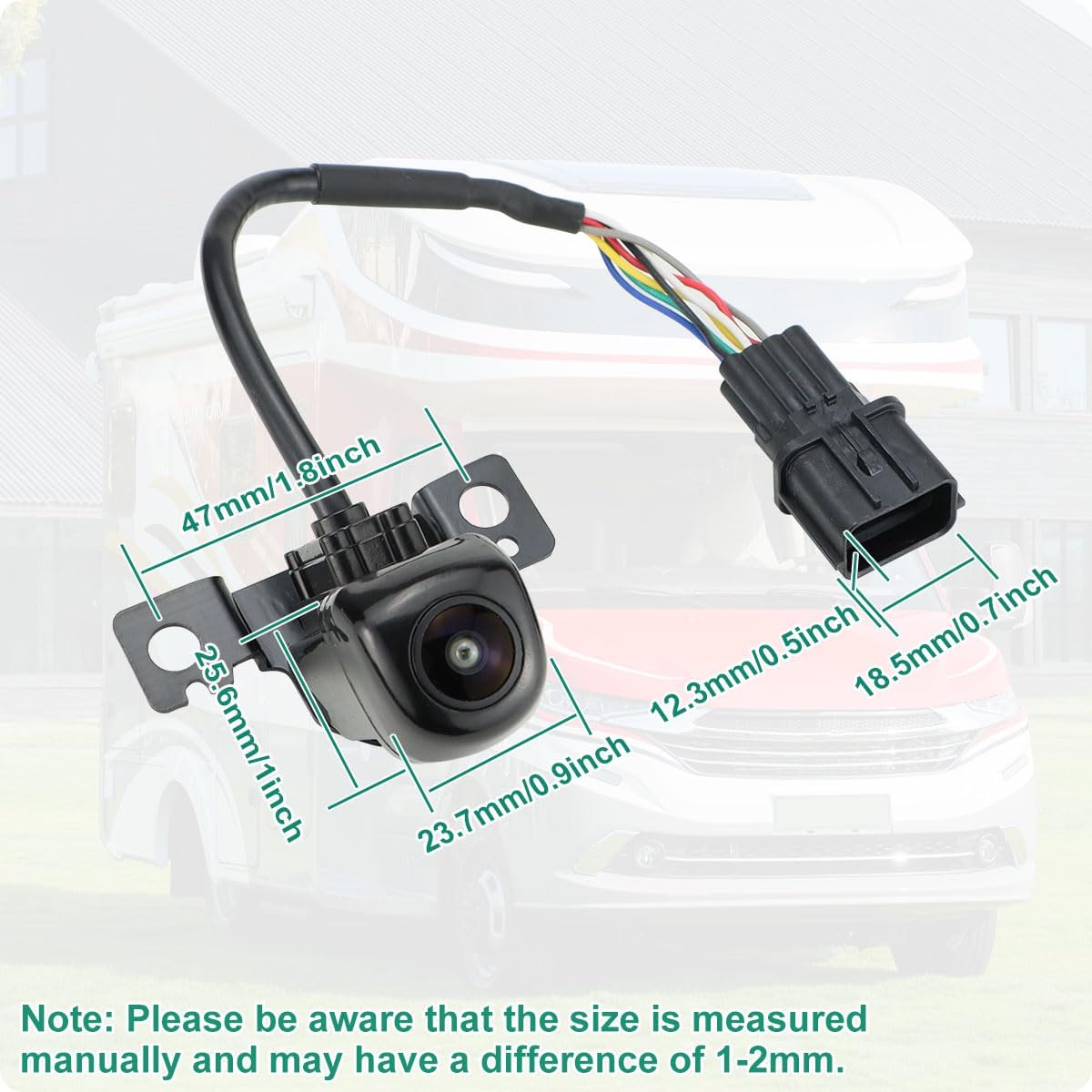Diagram showing the dimensions of the GreenYi backup camera in millimeters and inches