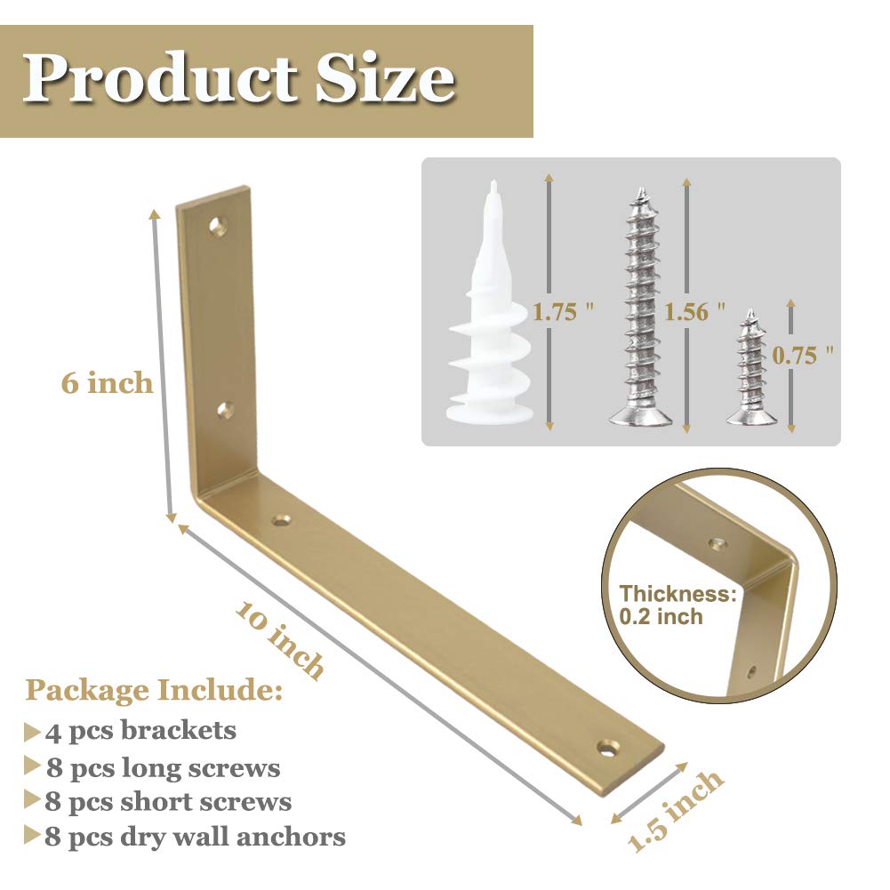 Shelf Brackets 10 Inch L Brackets Heavy Duty Gold Wall Brackets for