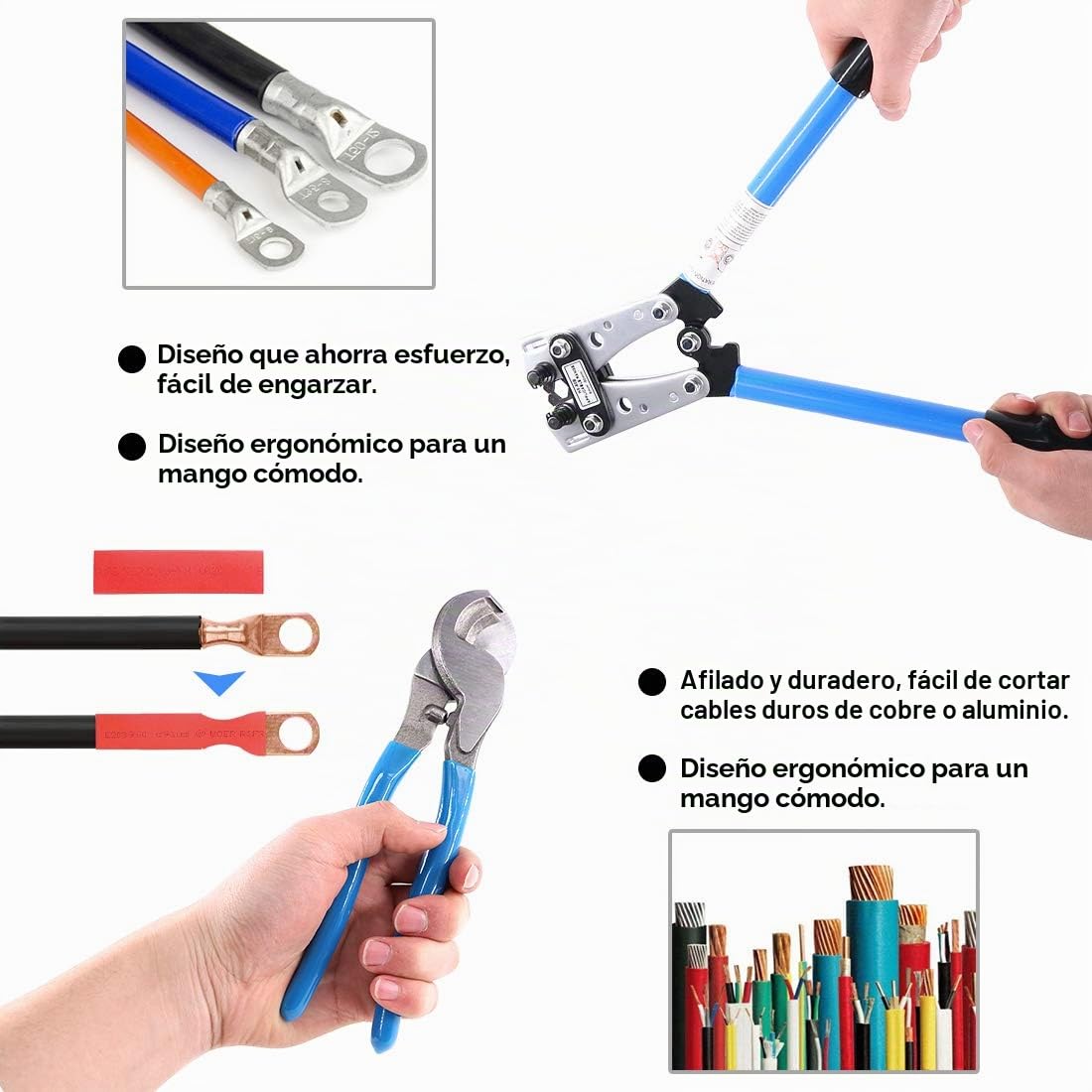 Glarks 42 herramientas de crimpado de cables de batería con cortador de cables y lengüetas de alambre, 2, 1/0 AWG