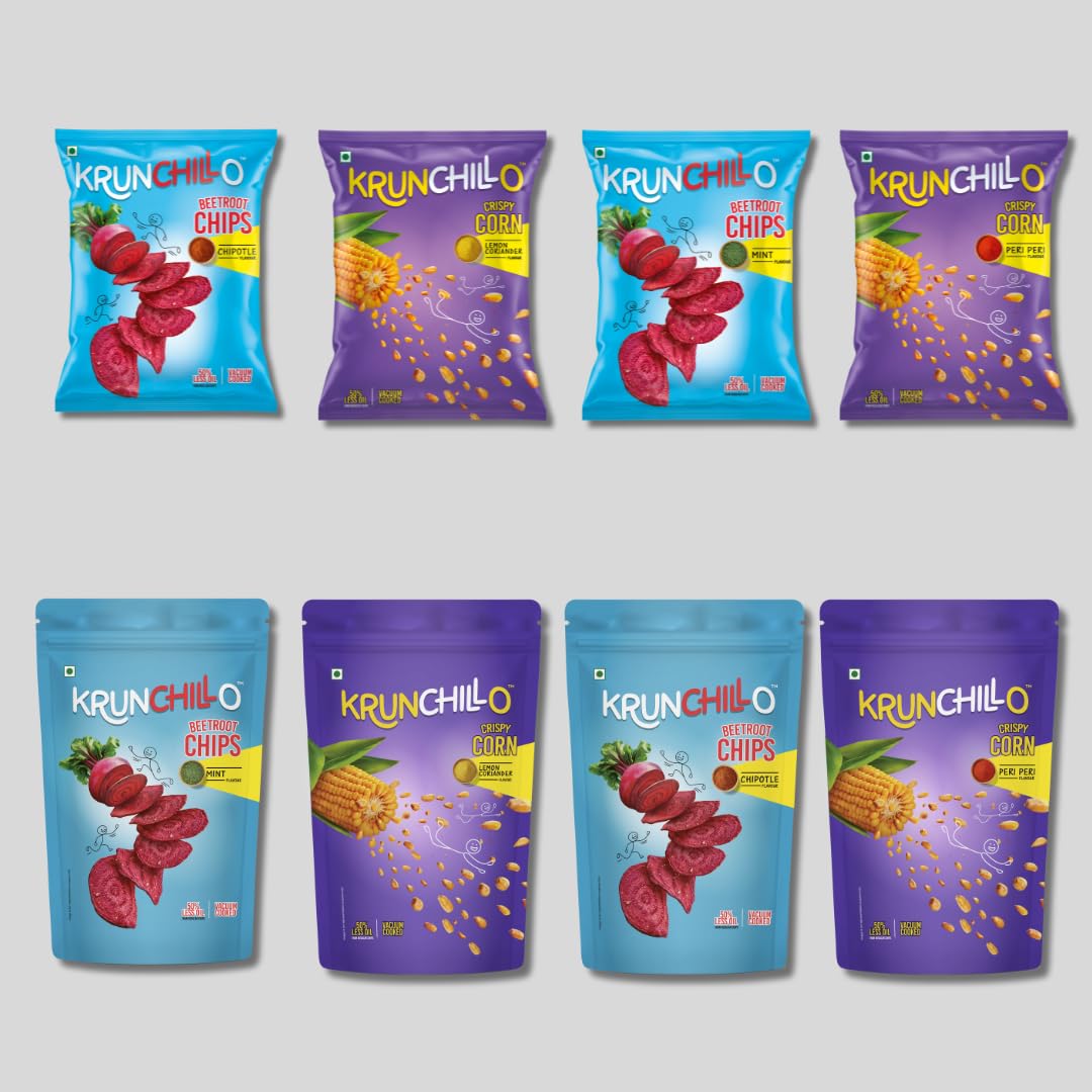 Krunchillo Beetroot Chips & Crispy Corn combo (Pack of 8) - Chipotle, Mint, Lemon Coriander and Peri Peri Flavour | 50% Less oil | Vaccum Cooked | Healthy | No fat | No Preservative- 330gm