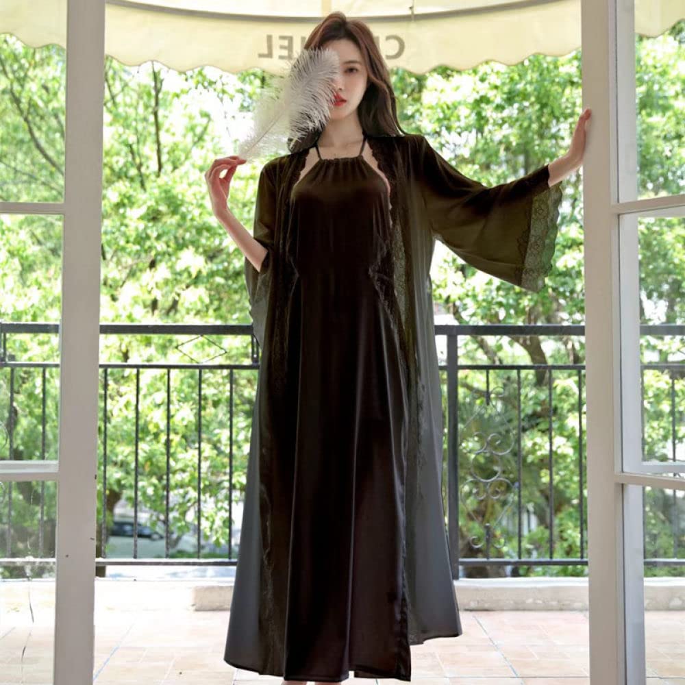 Nachthemden Für Damen,Sexy Nachthemd Für Damen, 2-Teiliges Set, Schwarz, Satin, Neckholder, Spitze, Rückenfrei, Camisole, Robe, Weiches, Bequemes Nachthemd, Schmale Nachtwäsche Für Damen, Mädc