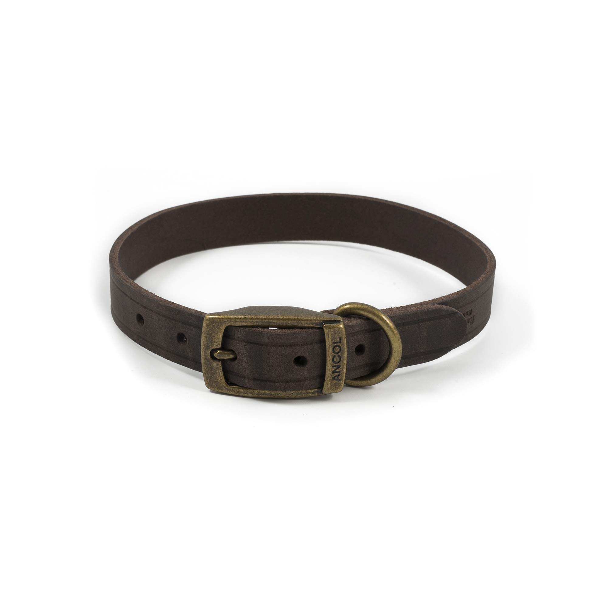 Ancol Latigo Flexible Stretchy Dog Collar Havana Leather Pet Training Accessory with Antique Gold Fixings - Soft and Resilient - Size 3 - 28-36 cm