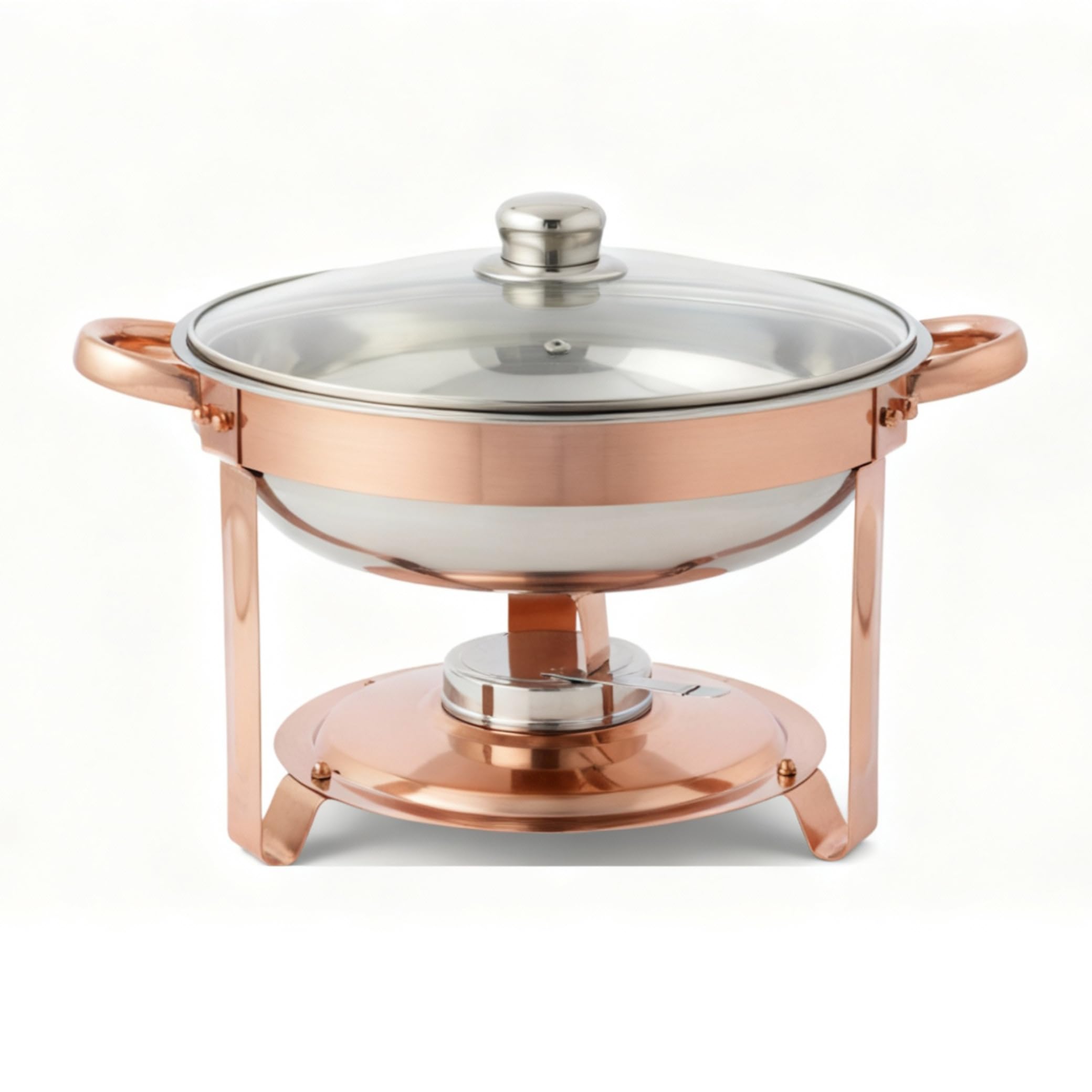 Shoppers Hub PNQ 4.5L Rose Gold Round Chafing Dish with Gel Based Heating Container & Transparent See Through Lid for Heavy Duty Use in Hotels, Caterings, Banquets, Buffets & Commercial Places.