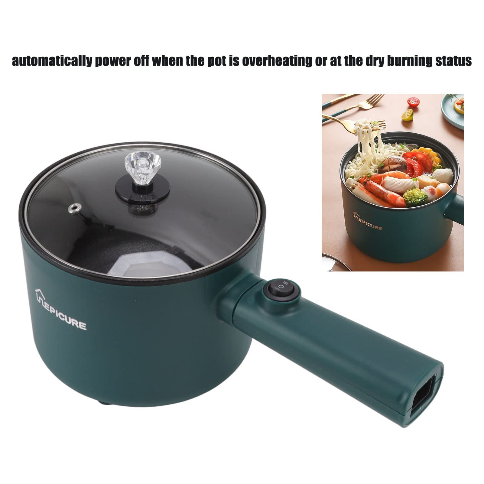 Casserole électrique avec couvercle 1,8 L pour nouilles électriques multicuiseur avec couvercle Cuisinière électrique à long manche pour dortoir de voyage Spatule à chauffage rapide et œuf