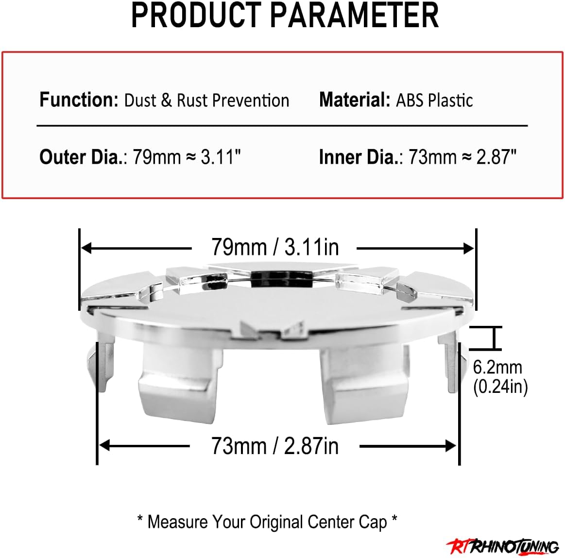 RTrhinoTuning 4 PCS 79mm Wheel Center Caps Compatible with S300 S350 S600 Rim, OD: 3.11"(79 mm) ID: 2.87"(73 mm) Chrome Silver