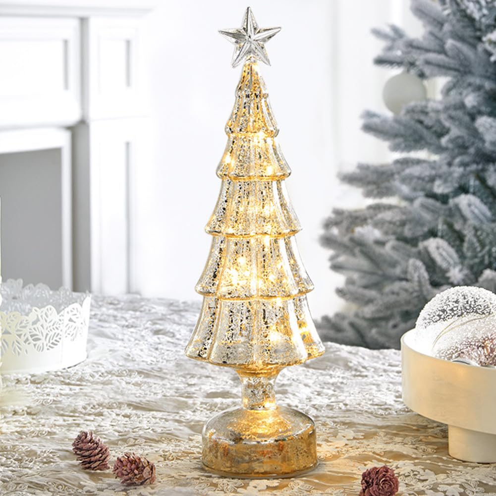 Árbol de Navidad de cristal de mercurio LED, funciona con pilas con temporizador, decoración de mesa iluminada para centro de mesa de vacaciones, 10.6 pulgadas