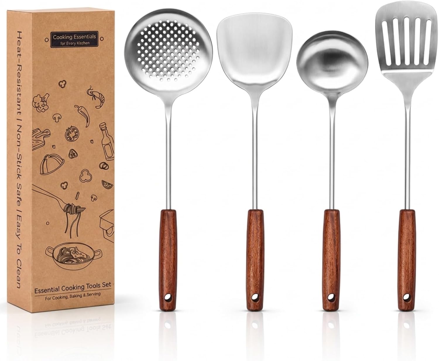 WANGYUANJI 4-Piece Wok Spatula and Ladle Set, Heavy Duty 304 Stainless Steel Kitchen Utensils with Heat Resistant Wooden Handle, Long Metal Turner & Skimmer for Carbon Steel Wok & Cast Iron Skillet