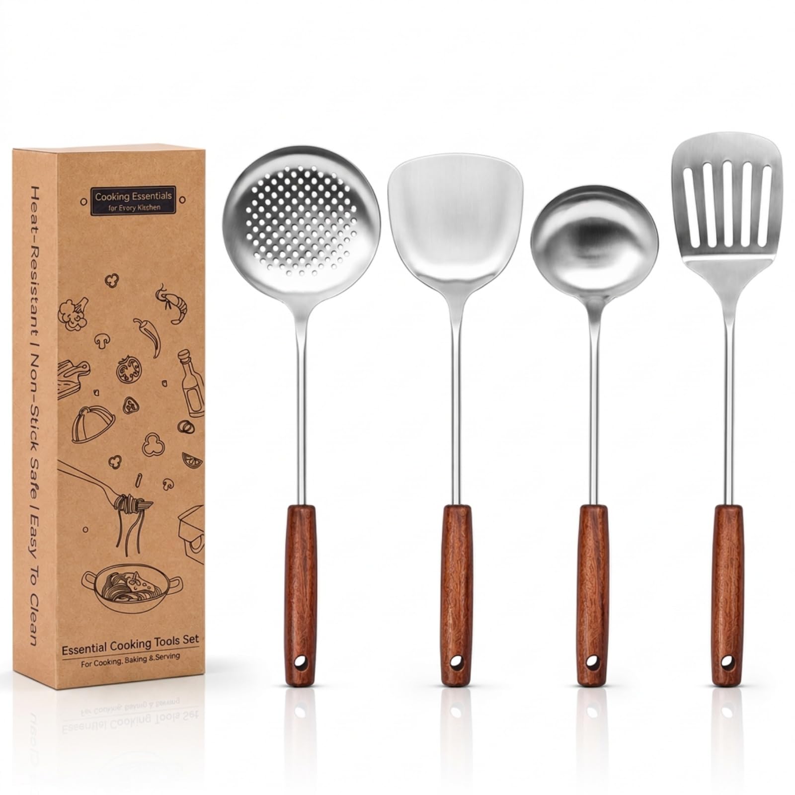 Photo 1 of WANGYUANJI 4-Piece Wok Spatula and Ladle Set, Heavy Duty 304 Stainless Steel Kitchen Utensils with Heat Resistant Wooden Handle, Long Metal Turner & Skimmer for Carbon Steel Wok & Cast Iron Skillet