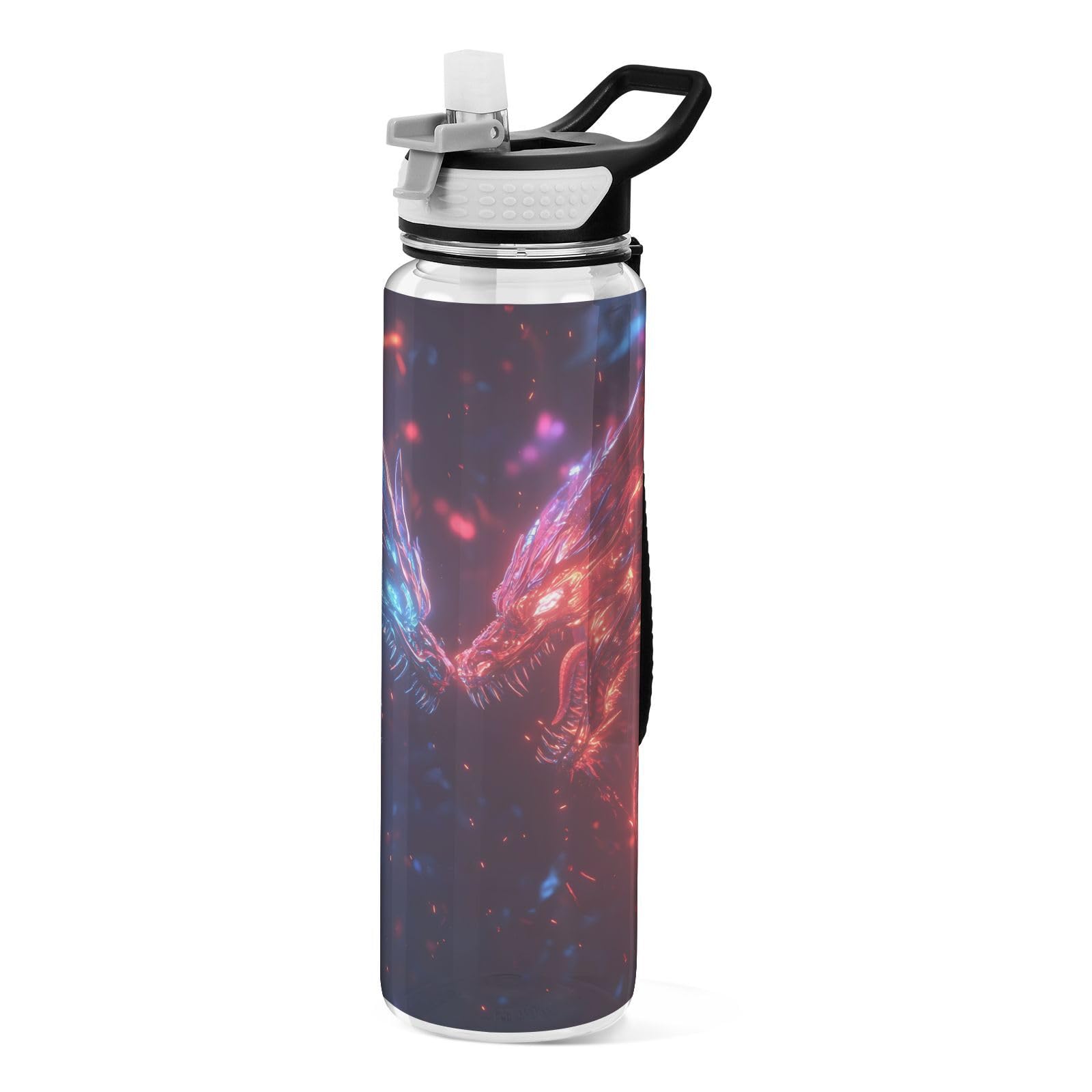 ALAZA Wasserflasche mit Strohhalm, auslaufsicher, Tritan, transparent, Motiv: Monster Drache, Kinder-Wasserflasche für Schule, Outdoor, Sport, Trinken, 900 ml, Rot / Blau