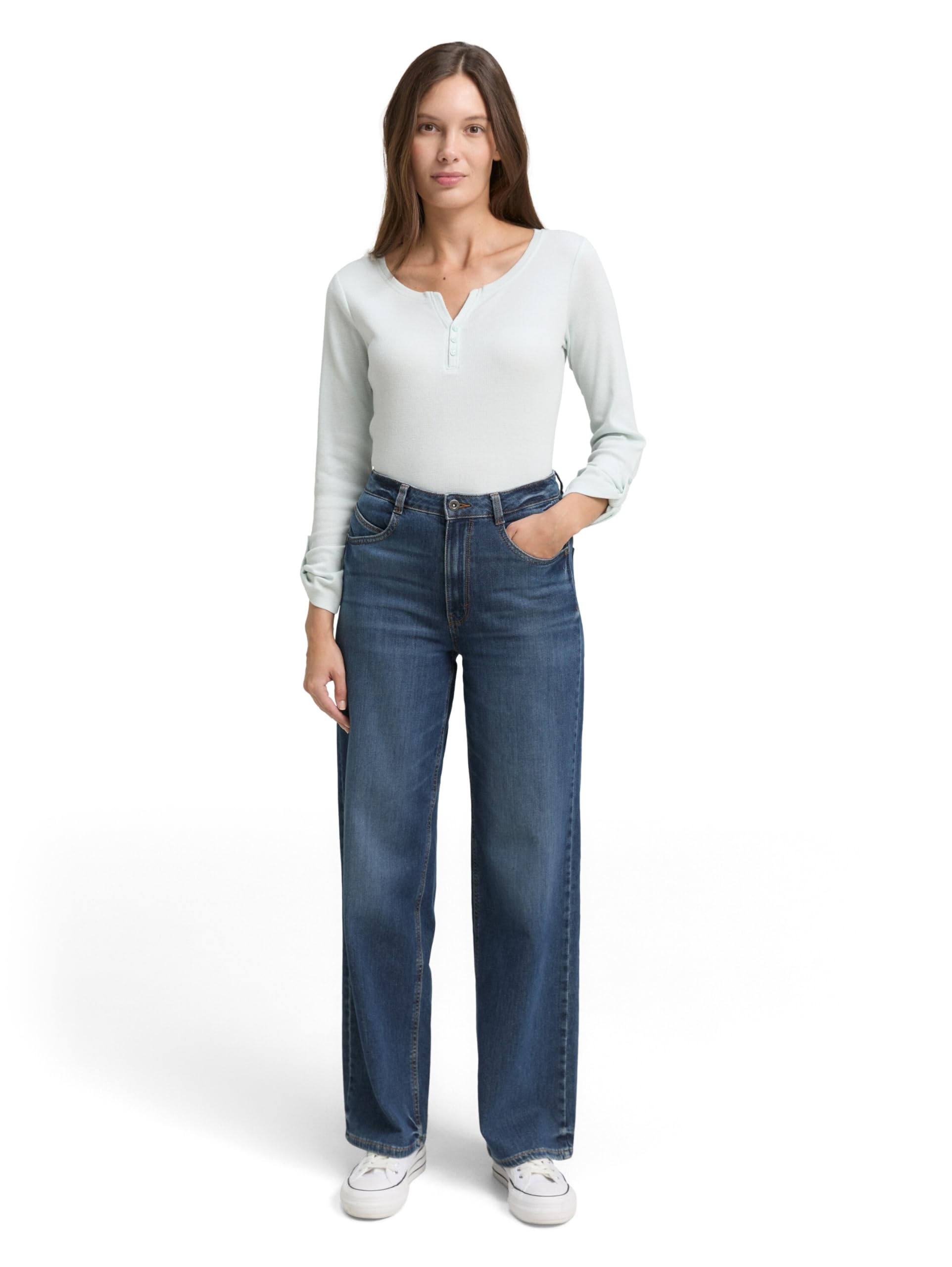 Tom Tailor Damen 1024036 Henley Longsleeve Mit Streifenmuster, 40015 - Offwhite Mint Small Stripe, M EU – Ansicht 2