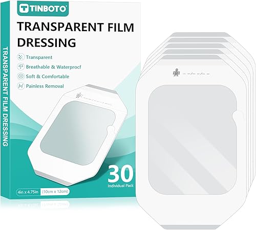 Transparent Film Dressing, 4" x 4.75" (30 Pack), Waterproof Clear Adhesive Bandages for Wound Care, IV Shield & Tattoo Aftercare