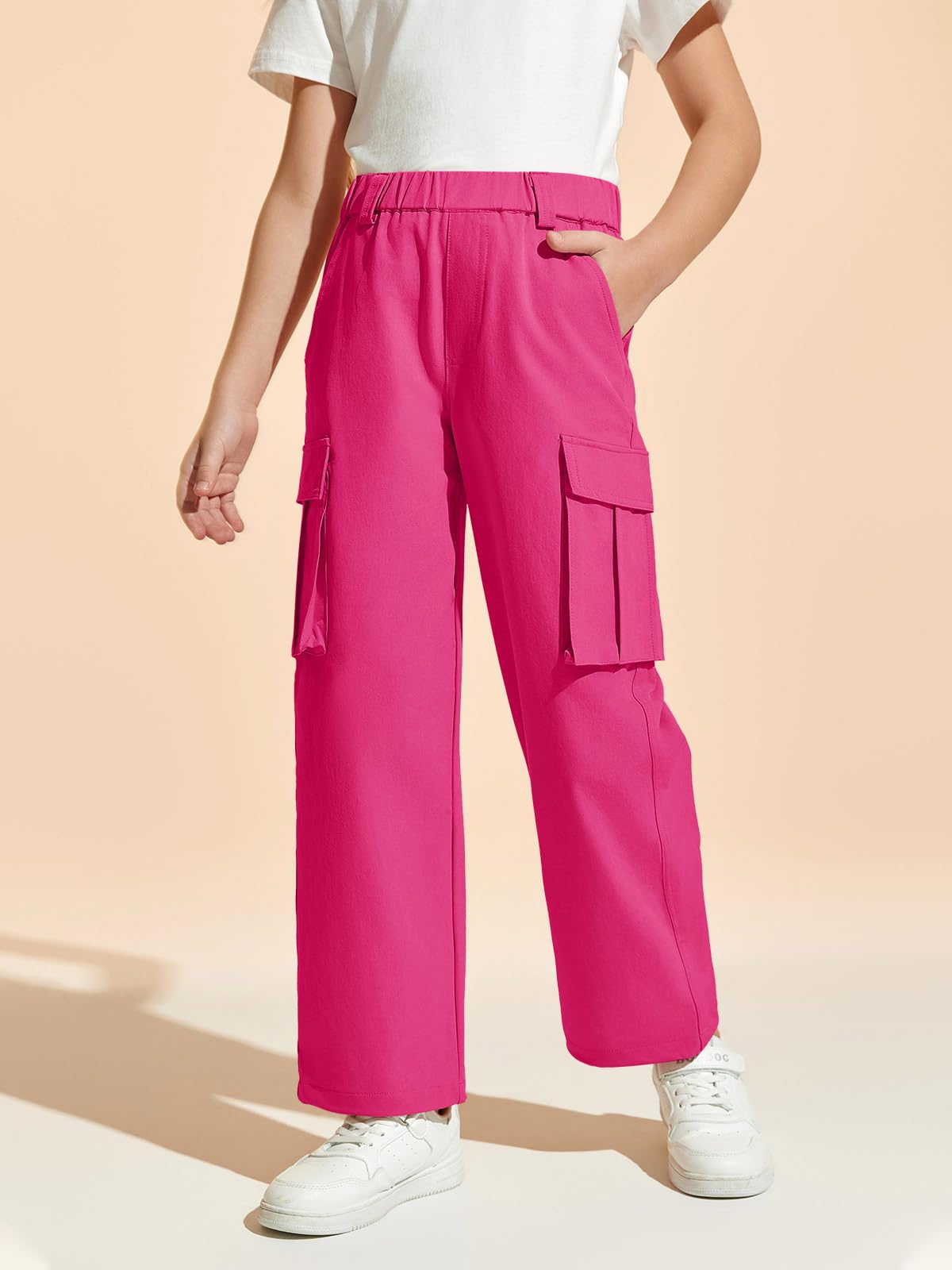 Haloumoning Pantaloni cargo da ragazza, casual, larghi, gamba larga, elastico in vita, pantaloni da jogging con tasche, 5-14 anni