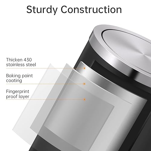 Miniatura 5 de Mbillion Bote de basura pequeño con tapa oscilante de 2.4 galones9 litros, mini bote de basura con tapa, cubo de basura cilíndrico de acero