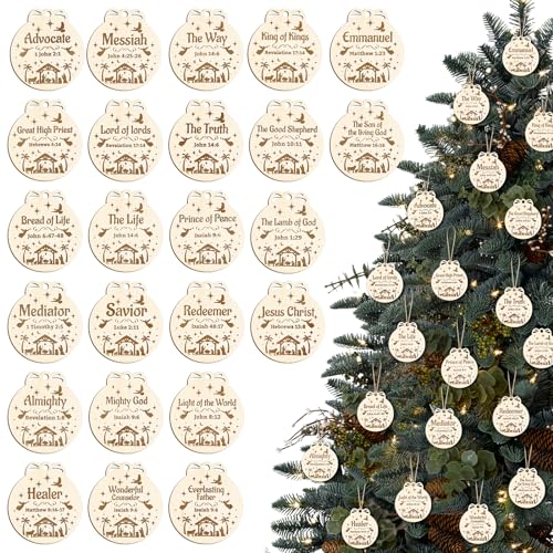 HOWAF 24 Names of Jesus Christ Christmas Decorations, Names of Jesus Ornaments Nativity Wood Savior Names Christmas Ornaments for The Home Car Christian Xmas Tree Decorations
