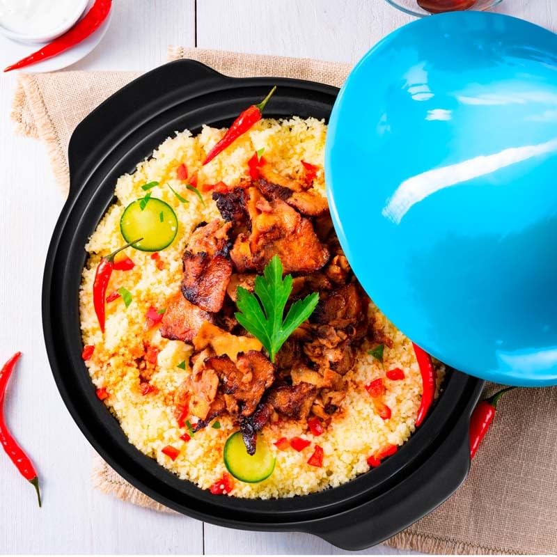 Tajine Électrique K-JINE 3L Bleu – Pot en Terre Cuite Traditionnel, Thermostat Réglable, Couvercle Conique, Nettoyage Facile Lave-Vaisselle, 4 à 6 Personnes