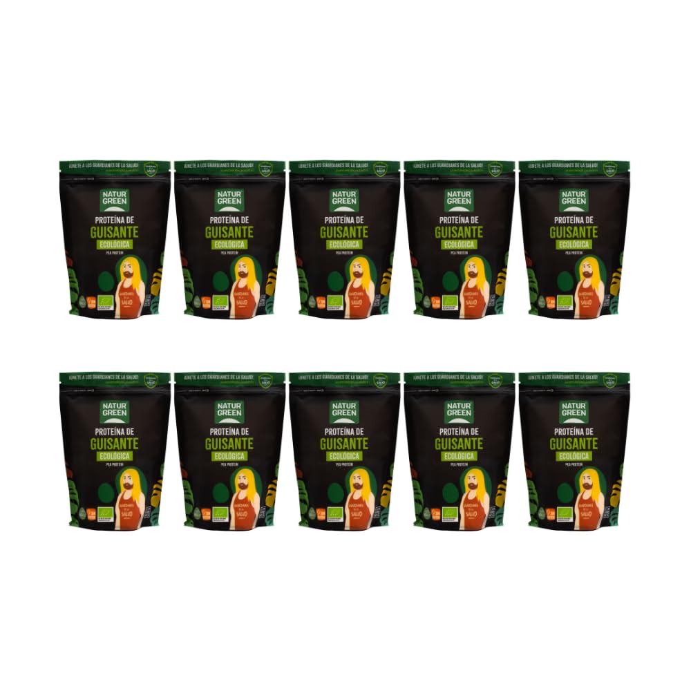 NaturGreen - Proteína de Guisante BIO, Concentrado de Proteína Ecológica, Superalimento, Polvo de Proteínas y Aminoácidos, 100% Vegano - Pack 10 Unidades de 400 g