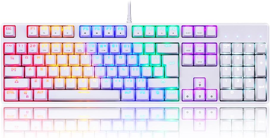 Mechanical keyboard, MotoSpeed K86 Rainbow Backlit 104 Keys Wired Gaming Keyboard with Blue Switches - White