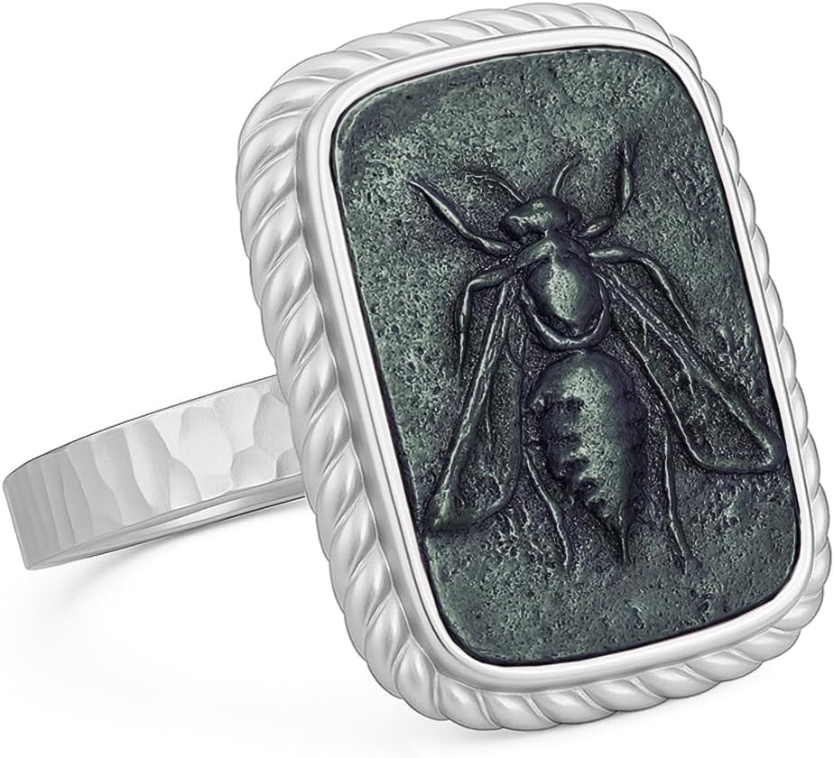 CAPRIXUS 925 Sterling Silver Signet Ring – Two-Tone 24K Gold Vermeil Ancient Artemis Greek Queen Honey Bee Coin, Hammered Bumblebee Pinky Ring, Turkish Fine Jewelry