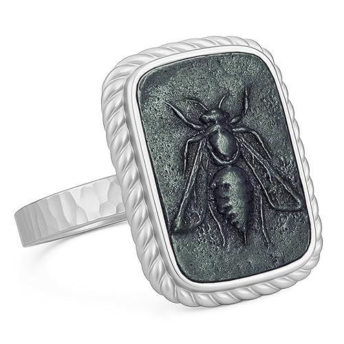 Miniatura 4 de CAPRIXUS 925 Sterling Silver Signet Ring – Two-Tone 24K Gold Vermeil Ancient Artemis Greek Queen Honey Bee Coin, Hammered Bumblebee Pinky Ring