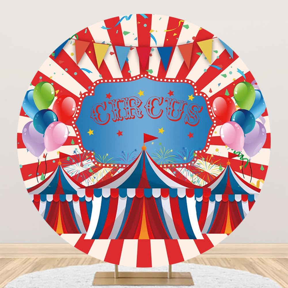 Renaiss 6.5x6.5ft Circus Round Backdrop Covers Colorful Confetti Balloons Pennant Red Stripes Tents Circle Photography Background Baby Shower Carnival