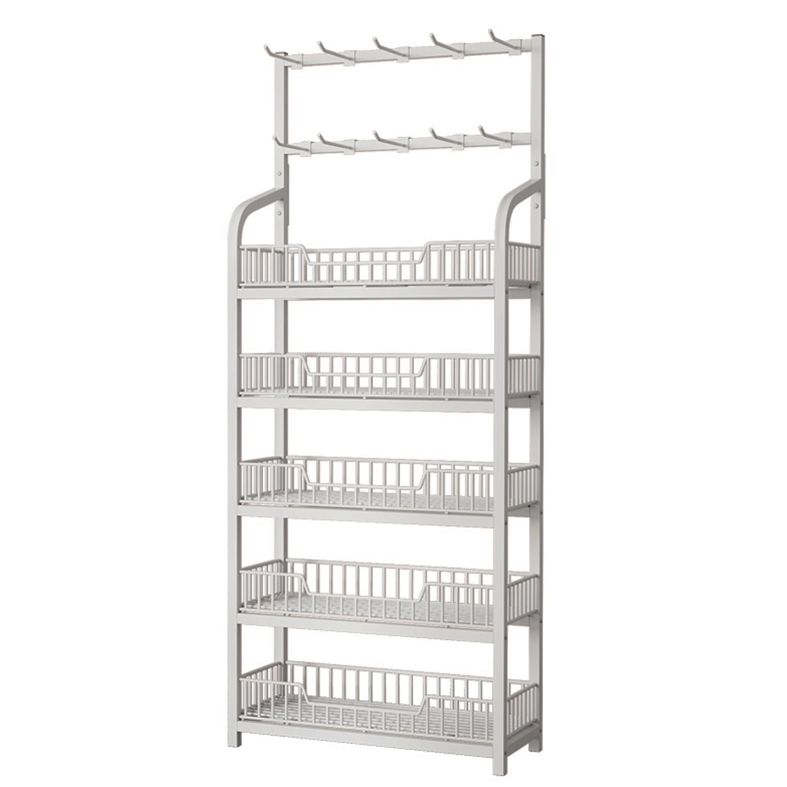 Commercial Retail Rack Display Stand 4 5 Layers, Supermarket Snack Shelf with 10 Chip Bag Hooks, Metal Convenience Stores Holder with Guardrail for Home/ Kitchen/ Pantry(White,5-Tier L19.7in/50cm)