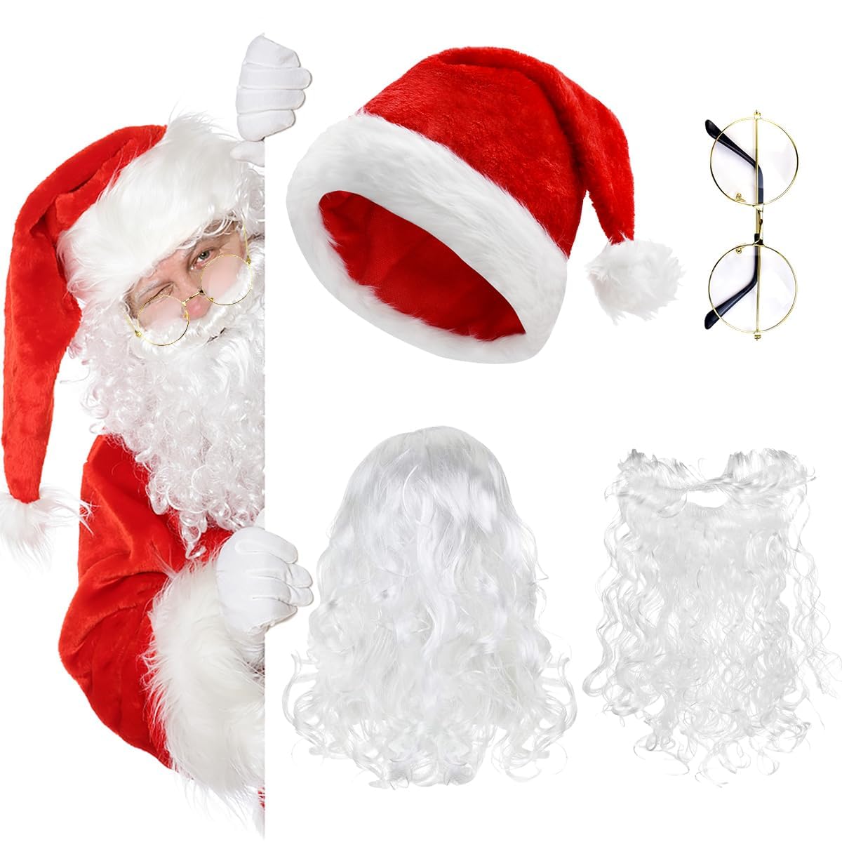 KARBAG 4 Pcs Christmas Santa Costume Set, Santa Hats Santa Beard Santa Wig and Sunglasses