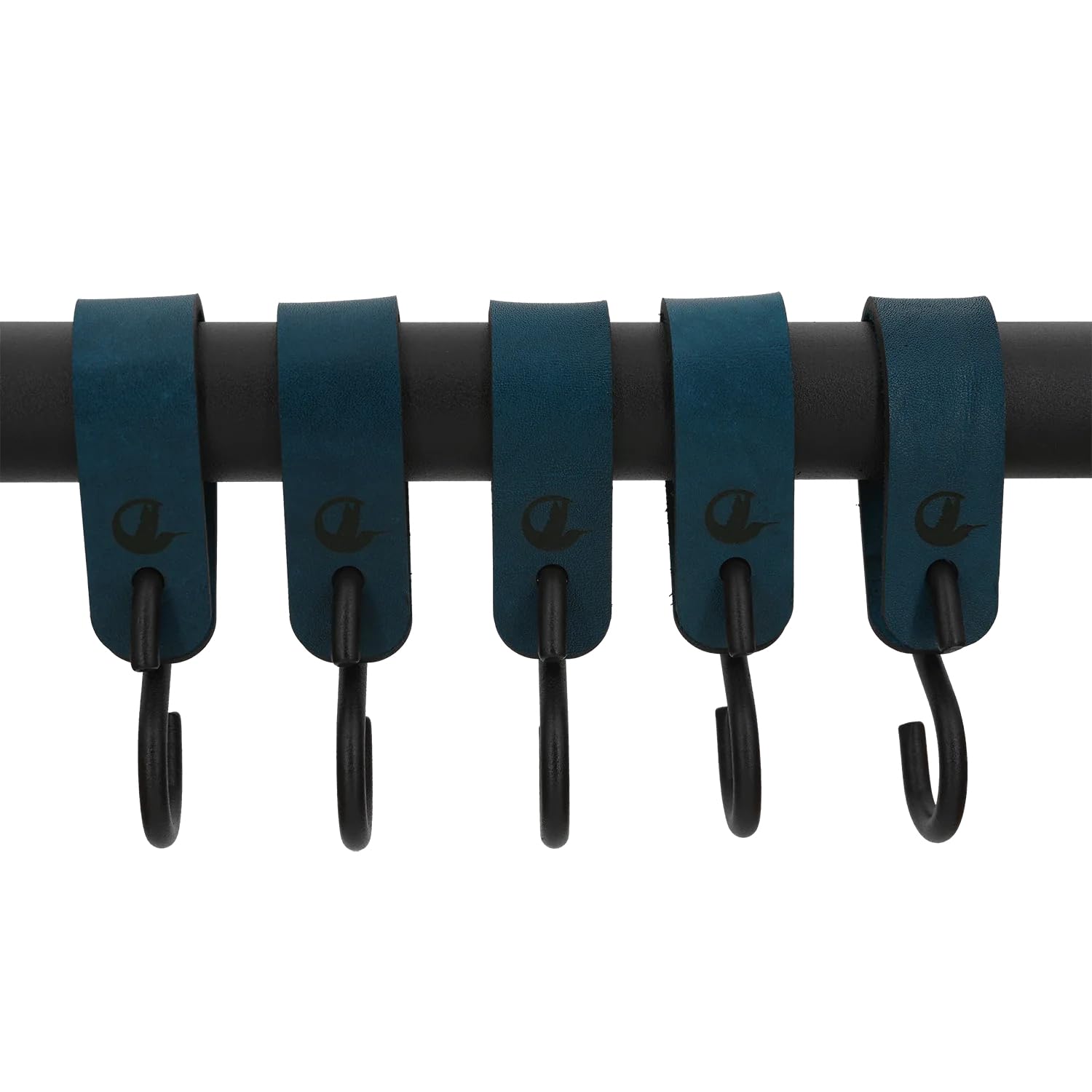 Leder S-Haken, 5er-Set, Geschirrleder mit Edelstahlhaken, für Garderobe und Kleiderstange, rund und eckig, blaugrün