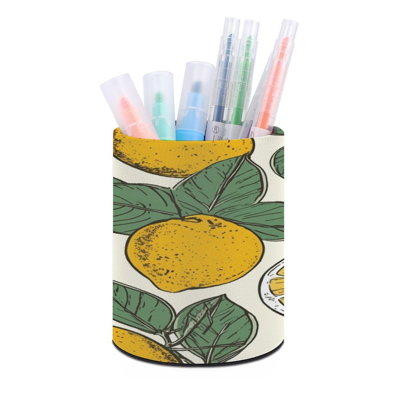 FekiLoot Lemon Fruit Pattern Pen Holder Cup Fashion PU Leather Pencil Cup Minimalist Pen Organizer Round Pencil Holder Stand Work Locker Accessories for Decoration Desk Office Home