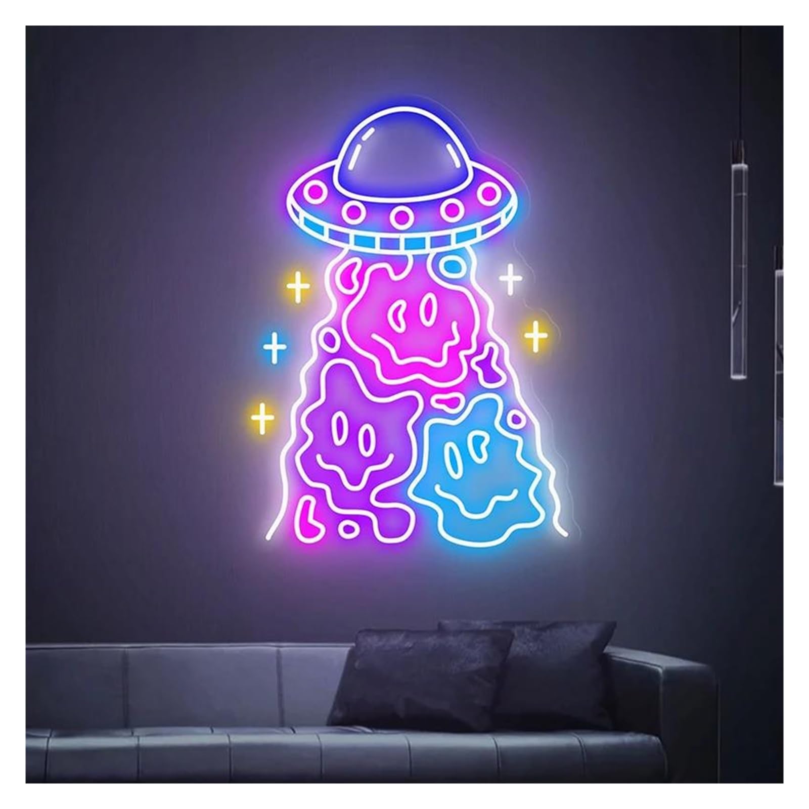 Lemst D Signs Lamp Handmade Neon Signs Usb Powere Adjustable Brightness Ufo Smiling Face Neon Lights, Suitable For Party Ecor 60Cmx40cm(D)