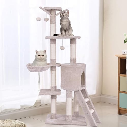 Miniatura 4 de Tangkula Árbol para gatos de 56 pulgadas, torre para gatos de varios niveles con poste rascador de sisal y escalera, área de juegos grande para