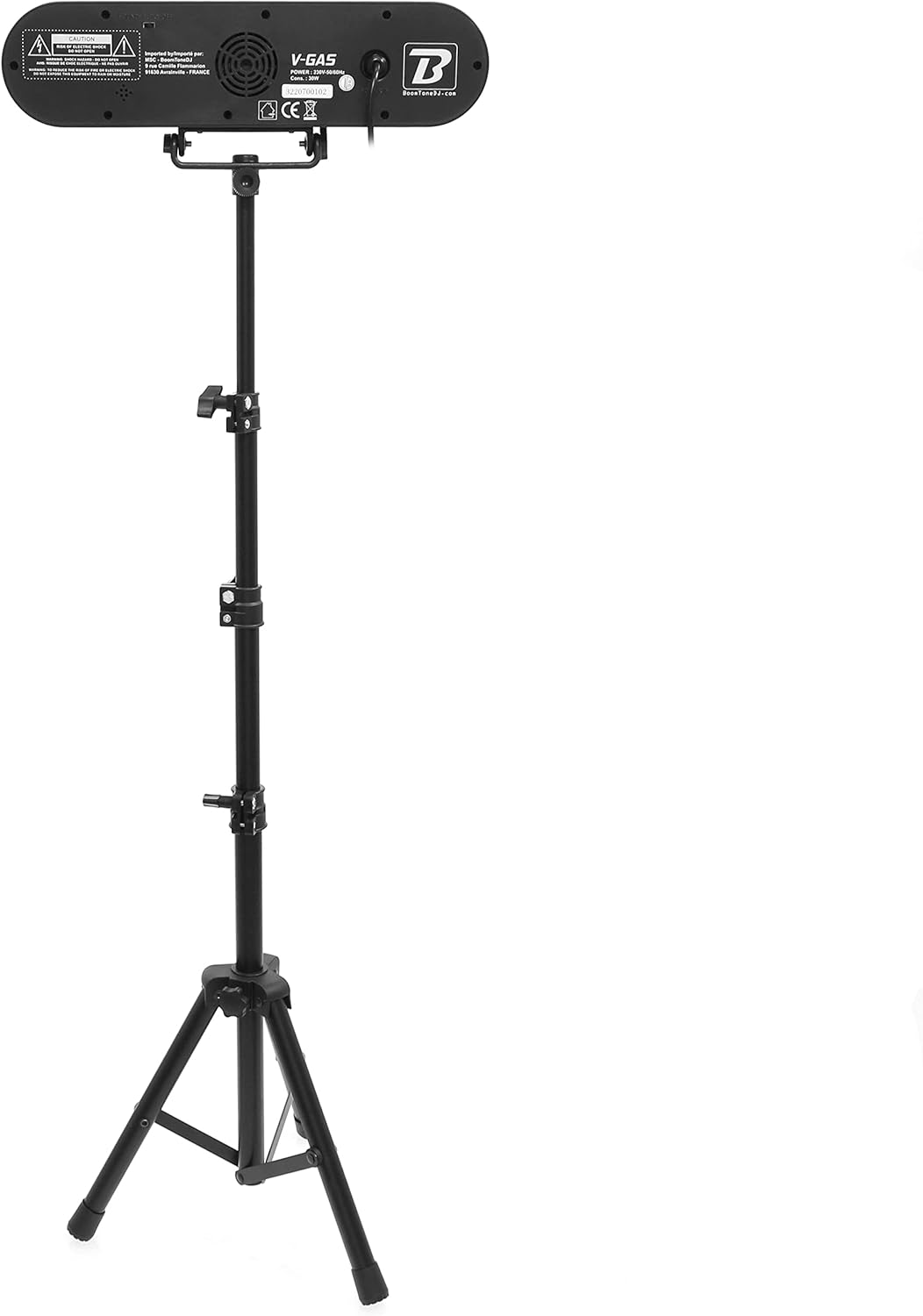 Rear view of the BoomTone DJ V-GAS light unit on its tripod, showing the power input and control panel.