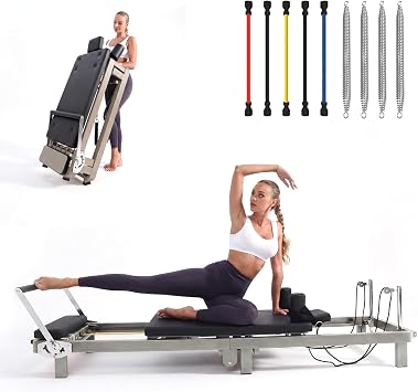 Foldable Pilates Reformer 90% Pre-Assembled Home Gym Women Men Workouts Bundle, Dual Resistance System Springs + Latex, Jumpboard & Adjustable Foot Bar for All Levels