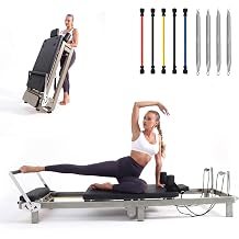 Foldable Pilates Reformer 90% Pre-Assembled Home Gym Women Men Workouts Bundle, Dual Resistance System Springs + Latex, Jumpboard & Adjustable Foot Bar for All Levels