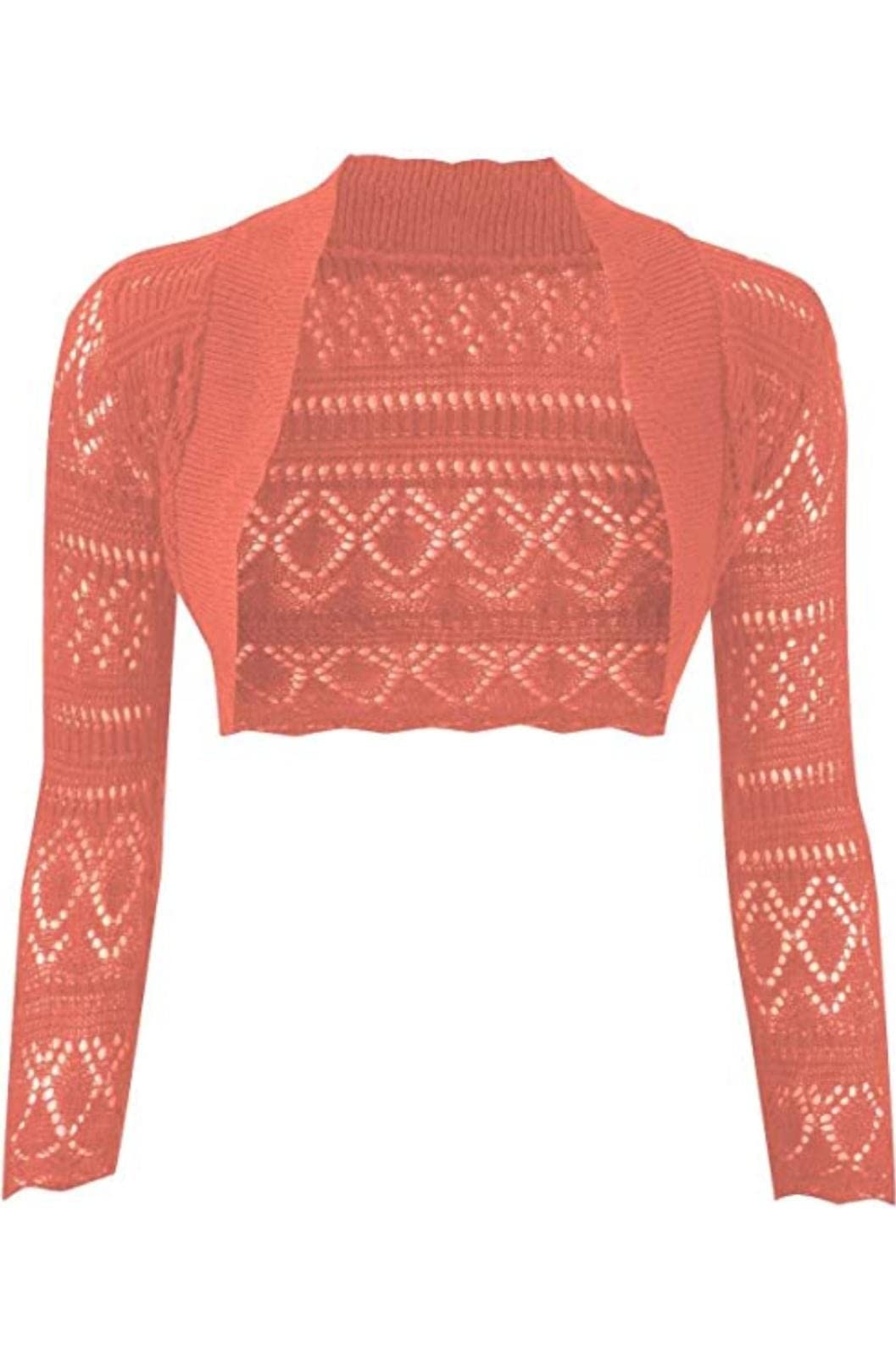 JJ CLOTHING Women's Long Sleeve Crochet Bolero Shrug Plain Cropped Knitted Open Cardigan (Coral, M/L)