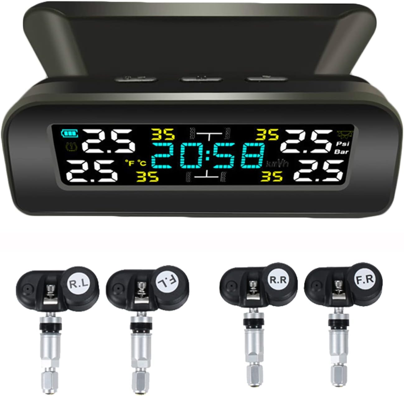 Tire Pressure Monitoring System Wireless Solar TPMS, Tire Pressure Monitor with 4 Sensors Real-time Display Temperature Pressure for Car RV SUV MPV Sedan (Internal)