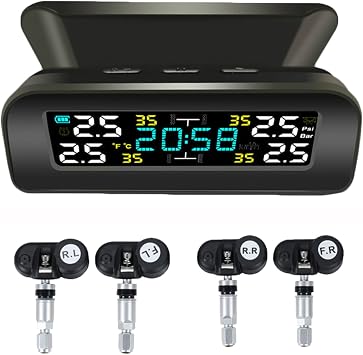 نظام مراقبة ضغط الإطارات TPMS الشمسية اللاسلكية ، جهاز مراقبة ضغط الإطارات مع 4 أجهزة استشعار في الوقت الحقيقي ضغط درجة حرارة العرض للسيارة RV SUV MPV Sedan الداخلية