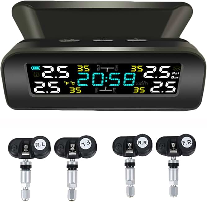 Tire Pressure Monitoring System Wireless Solar TPMS, Tire Pressure Monitor with 4 Sensors Real-time Display Temperature Pressure for Car RV SUV MPV Sedan (Internal)