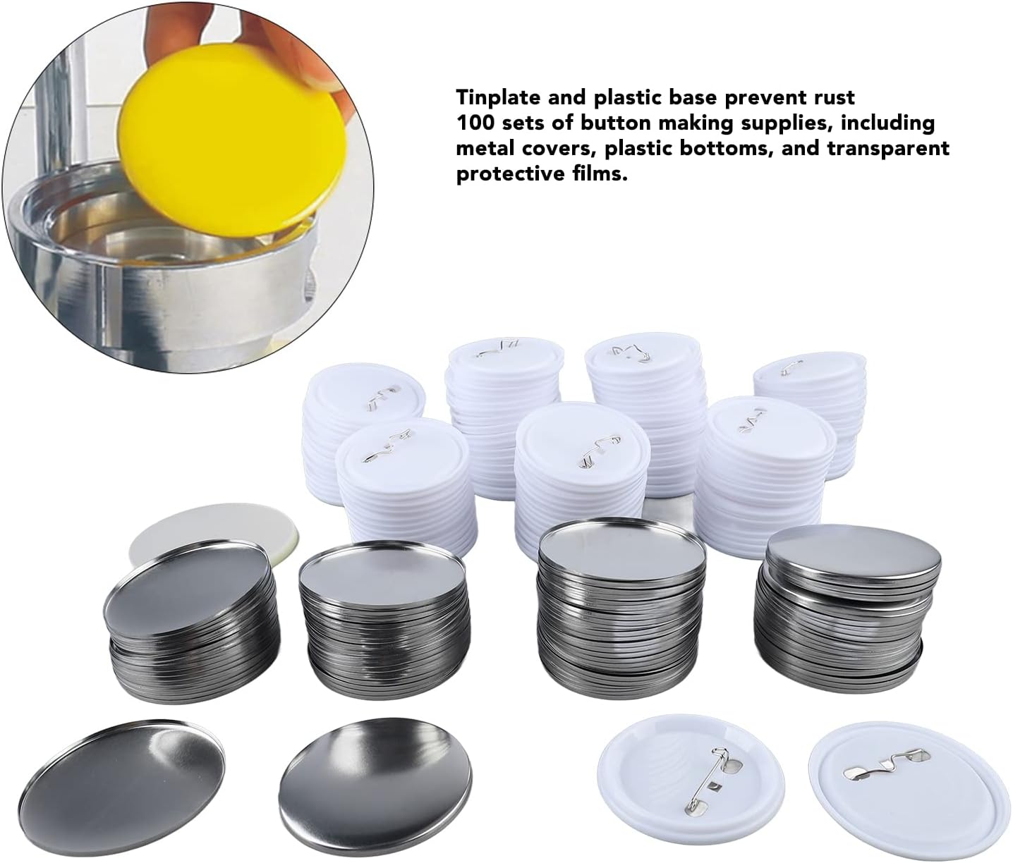 Pin Back Button 100 Set Pin Back Button Parts, 2.3in Button Parts for Badge Maker Machine Badge Cover and Clip Set Sturdy Tinplate and Plastic Round Badge Blank