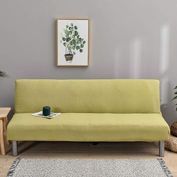 Water ResistanStretch Armless Sofa Slipcover, Durable Seersucker One Piece Cushion Furniture Protector, Non Slip Solid Color Folding Futon Bed Covers Pea Green 62" to 74"