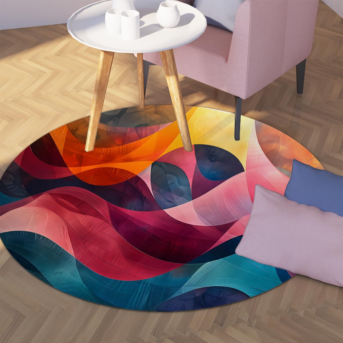 Tapis Rond Abstrait pour Chambre 200cm Tapis Circulaire Fausse Laine Douce Courbe colorée bohème Lavable Poil Bas pour Salon canapé Chambre Enfant