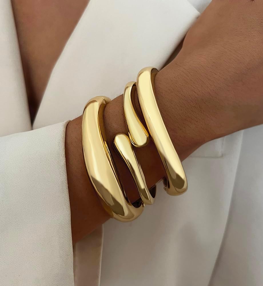 Chunky Gold Bangle Bracelets for Women, Dainty 14k Gold Plated Big Stackable Bangles Set, Trendy Statement Cuff Bracelet Stack Fashion Jewelry Christmas Gifts - Image 5