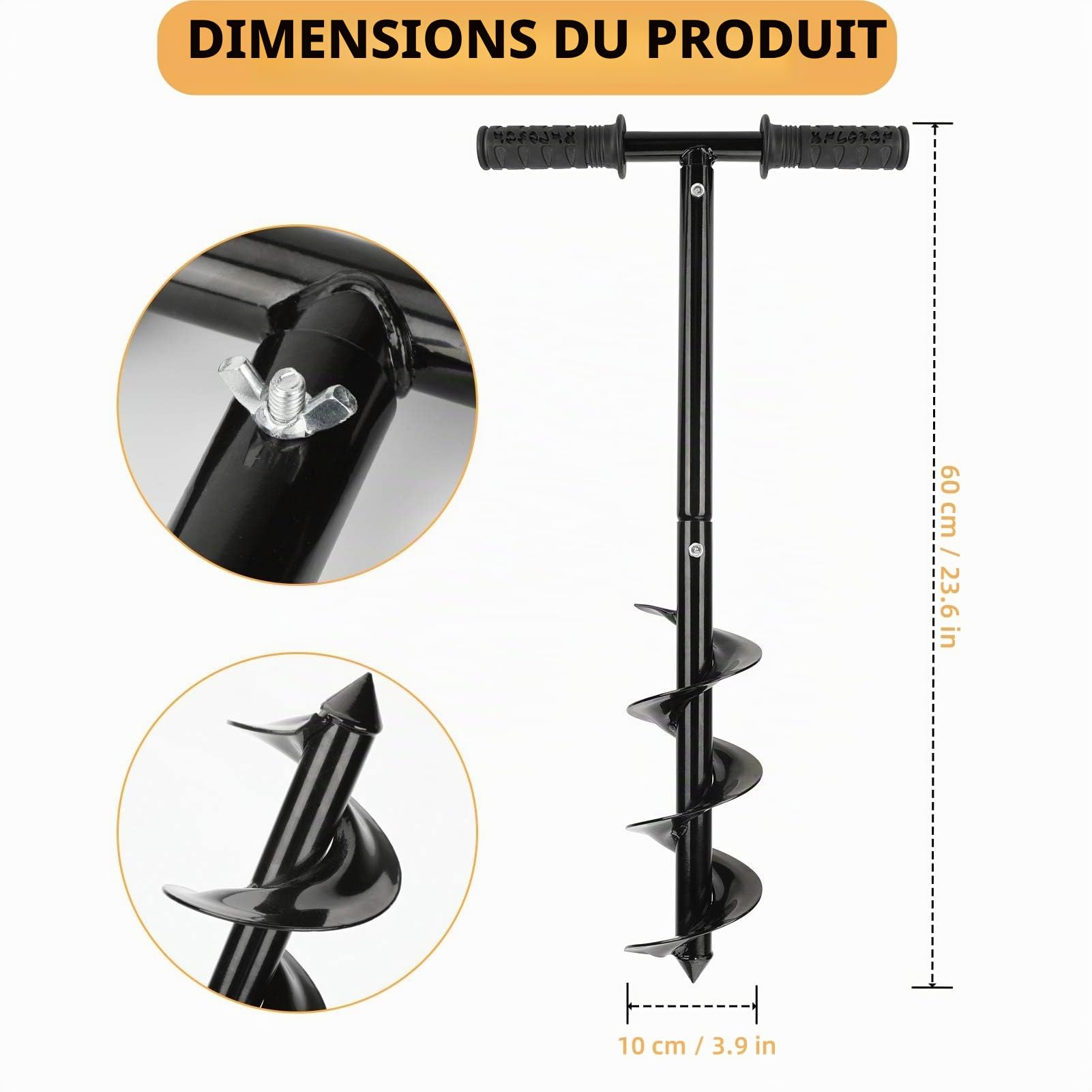 Tarière de poteau de clôture, perceuse manuelle de 10 x 60 cm avec poignée antidérapante, tarière réglable pour plantation de poteaux, plantation de bulbes, trou de parapluie, mélange d'engrais