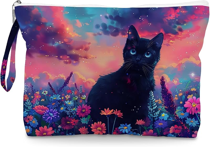 Necessaire Fokongna com estampa de gato preto, preta, com zíper e alça