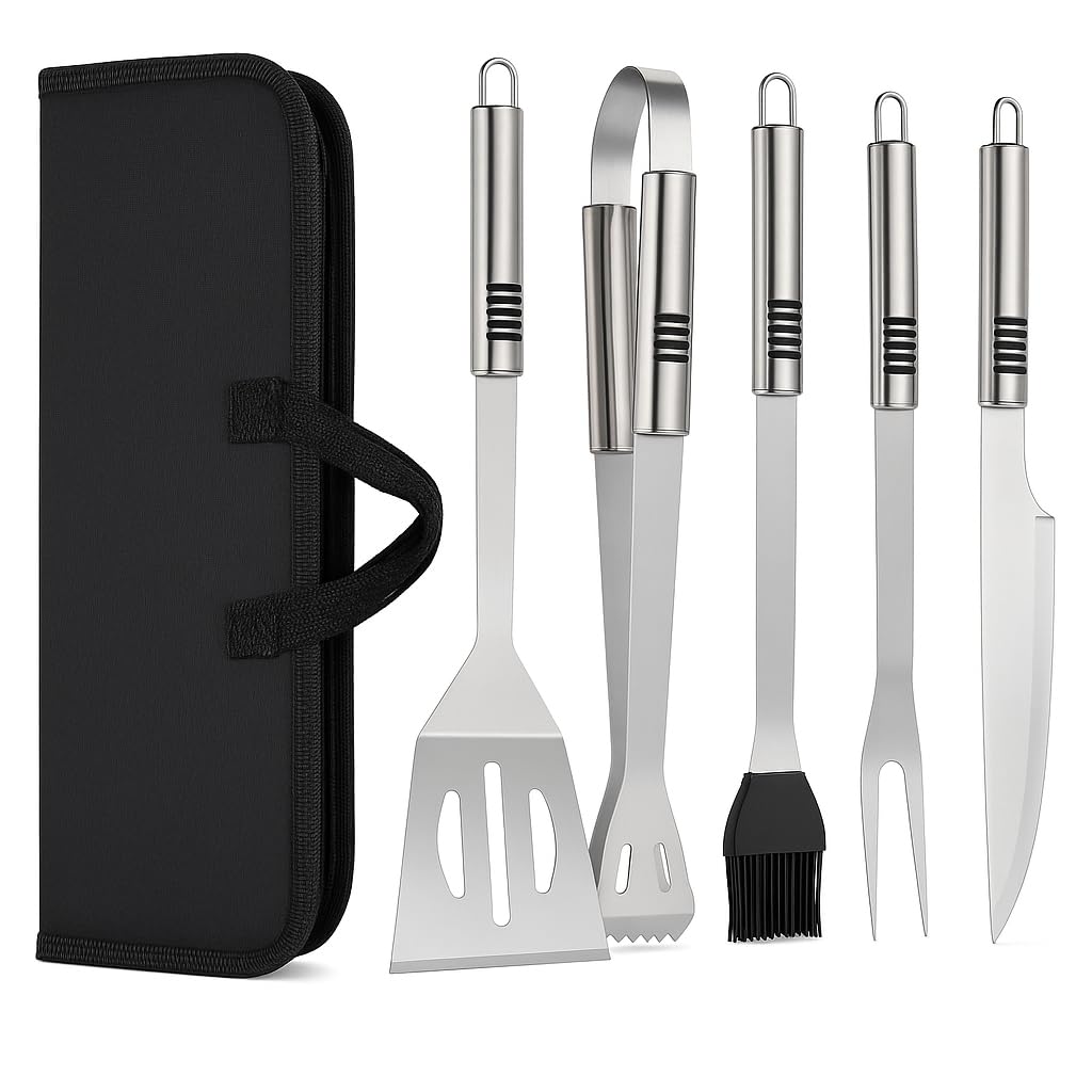 Stainless-Steel BBQ Grill Tools 5-Pieces Set with Oxford Bag