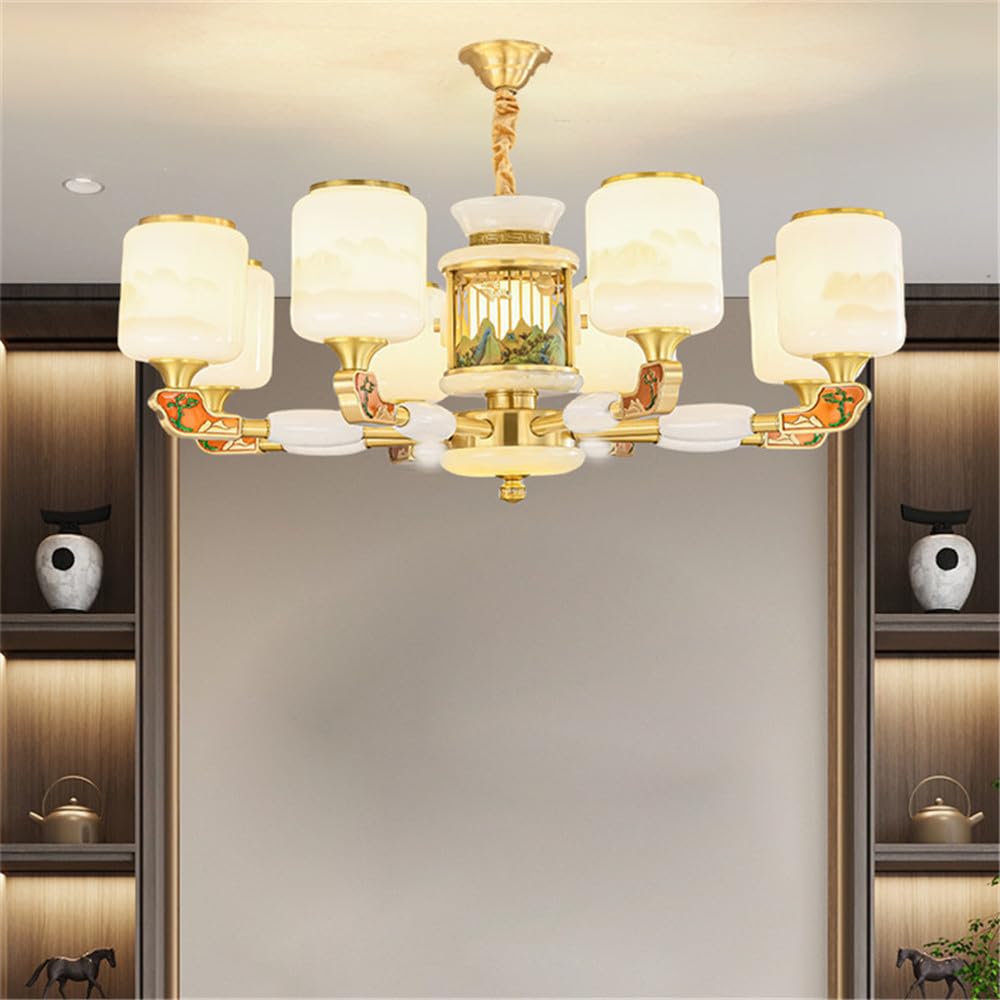 SXECAEPS Contemporary Luxury Brass Chandelier LED Chinese Style Living Room Bedroom Dining Villa Hotel Tearoom Cafe Pendent Lights (C 8 Lights)